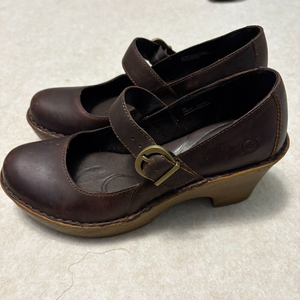Born Brown Leather Mary Jane Wooden Sole Wedge Shoes Size 8 M Bohemian Boho